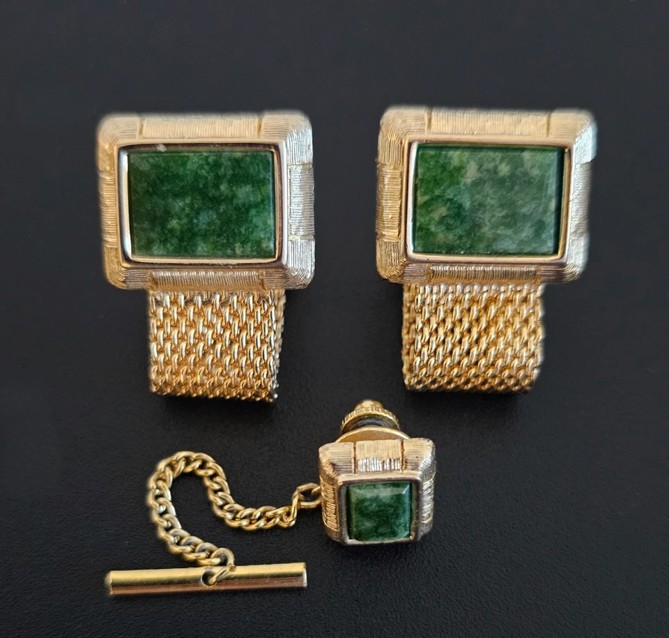 Juego de gemelos y clips de corbata envolventes vintage de jade verde cepillado tono dorado Foto 1 de 4