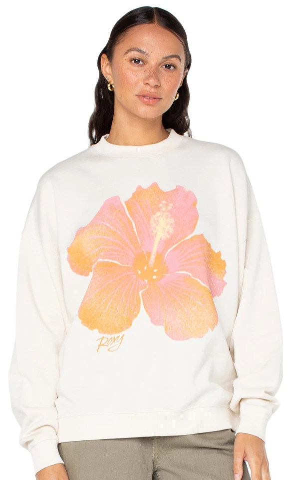 Roxy Lineup Oversized Crew Sweatshirt - Egret Hibiscus Spray - New - Image 1 of 1