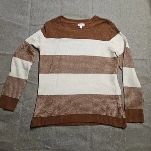 Cozy Waffle Knit Sweater Brown Cream Stripe Neutral Cozy Fall Winter Pullover - Picture 1 of 5