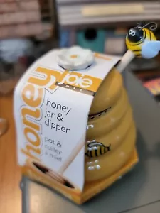 Mini Honey Pot Ceramic Jar And Wood Dipper Joie MSC Beehive With Bee 4” Tall - Picture 1 of 1