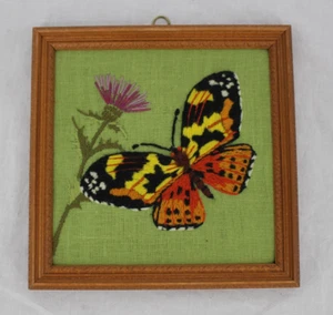 Vintage Crewel Embroidery Art 7"x7" Wood Framed Butterfly Flower Thistle 1970s - Picture 1 of 3