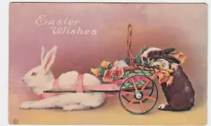 c1920s Bunny Rabbits, one Harnessed with Cart~Vintage Stecher Easter Postcard - Picture 1 of 2