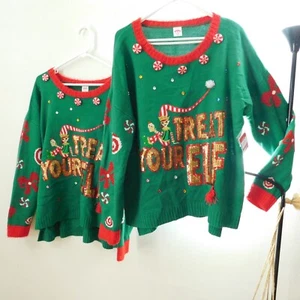 Set 2 Suéteres Treat Your Elf Manga Larga Vacaciones Navidad Menta Etiquetas Nuevas - Imagen 1 de 9