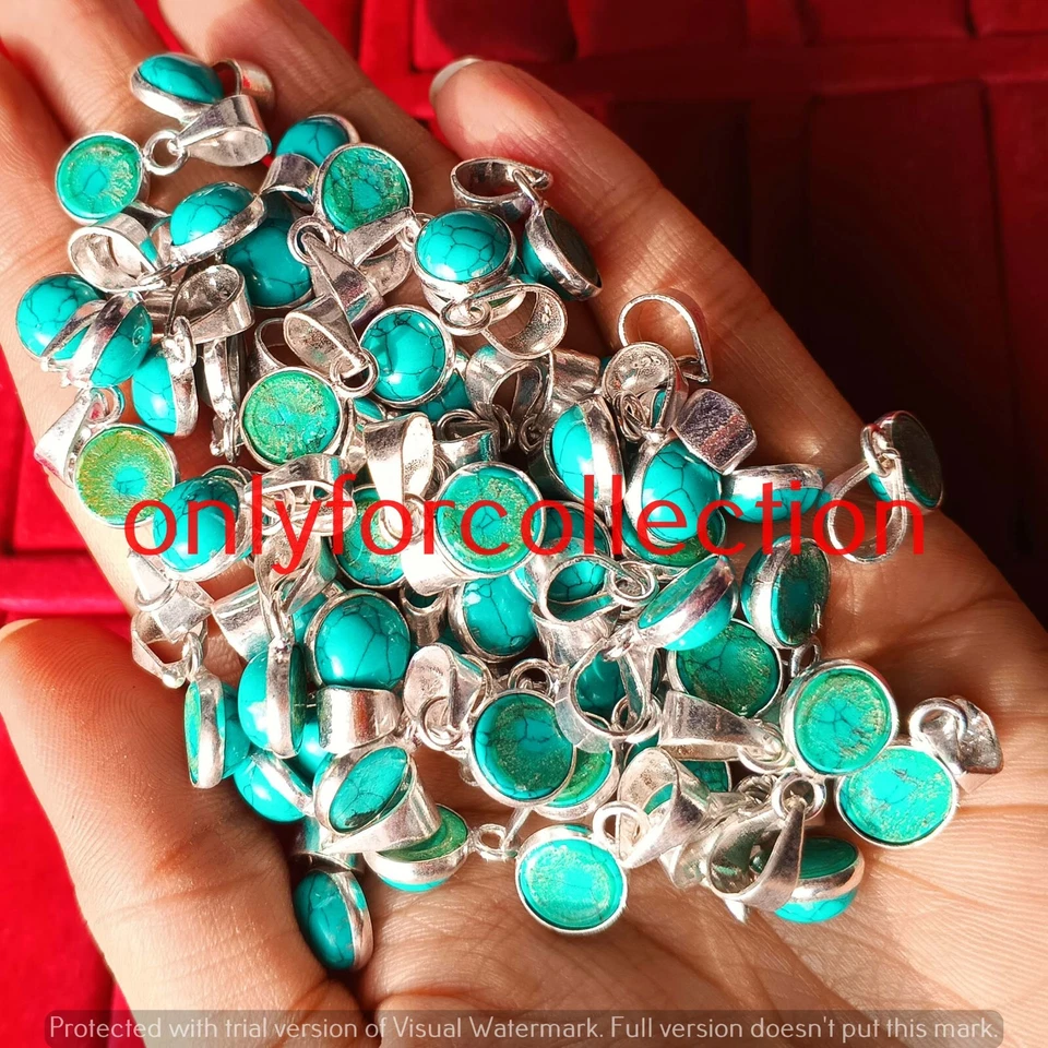 Lote de 50 colgantes bisel turquesa 8 mm piedras preciosas enchapadas en plata de ley 925 Foto 1 de 1