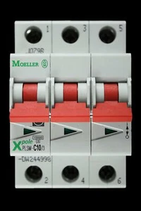 MOELLER 10 AMP CURVE C 10kA TRIPLE POLE MCB CIRCUIT BREAKER PLSM-C10/3 - Picture 1 of 7