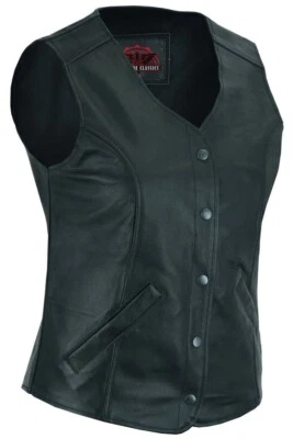 Motorcycle Vest for Women Open Neck Black Leather Vest with Concealed Pockets - Image 1 of 4