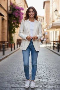 VERONICA BARBA Blazer Mujer Blanco Off Con Costuras Marrón Talla 4” - Imagen 1 de 17