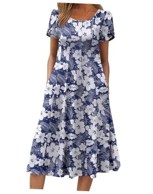  Vestidos informales para mujer para verano manga corta acampanados X-grandes flor azul profundo Foto 1 de 4