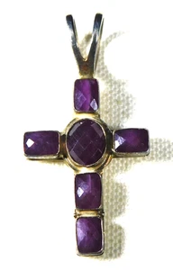 Artisan Sterling 6 Faceted Maroon Stones Handmade Vintage ''Cross'' Pendant - Picture 1 of 3