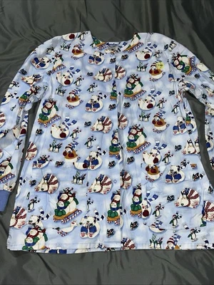 Landau Scrub Top Large Holiday Snowmen Penguins Snap Button Long Sleeve Pockets - Image 1 of 4