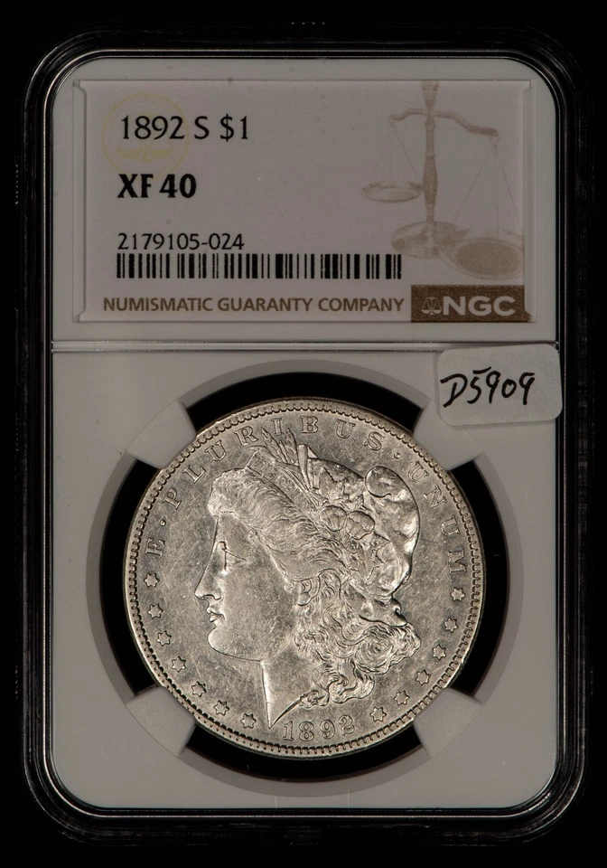 1892-S $1 Morgan Silver Dollar - PQ Key Date - NGC XF 40 - SKU-D5909 - Image 1 of 4