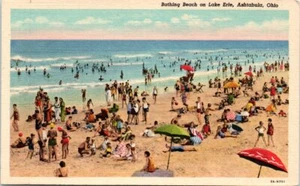 1940s Ohio Postcard Bathing Beach On Lake Erie Ashtabula OH Linen Unposted  - Picture 1 of 2