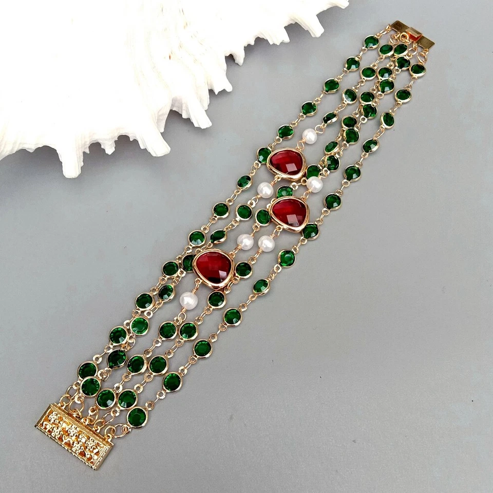 4 Strands Cultured White Pearl Green Crystal Rosary Chain Bracelet Beaded - Image 1 of 4