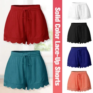 Womens Summer Shorts Lace Hem Elastic Waist Drawstring Loose Casual Hot Pants - Picture 1 of 17