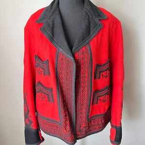 Vintage Guatemalan Wool Jacket Women Large Red Black Hand Embroidered Bird Crop - Picture 1 of 9
