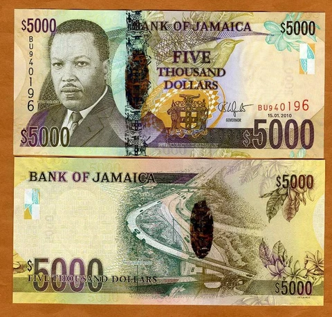 Jamaica, $5000, 2010, P-87b, UNC Hybrid Polymer Cover
