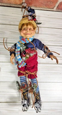 CHRISTMAS Winter PIXIE ELF  14" DECORATIVE WIRE FRAME DOLL Bell HAT  Vintage - Image 1 of 4