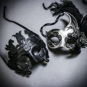 Black Pegasus Warrior & Silver Black Side Feather Glitter Couple Party Masks - Picture 1 of 1