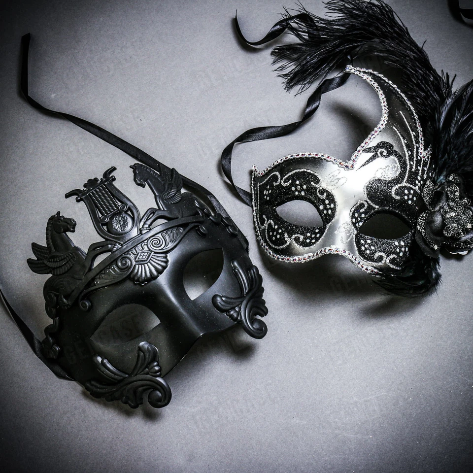 Black Pegasus Warrior & Silver Black Side Feather Glitter Couple Party Masks - Image 1 of 1