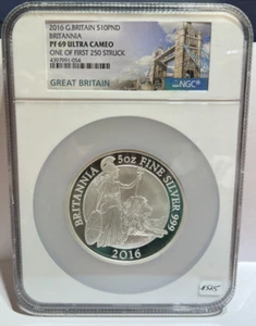 2016 GREAT BRITAIN 10 POUND 5 OZ BRITANNIA PF 69 UCAM ONE OF 1ST 250 STRUCK NGC - Picture 1 of 4