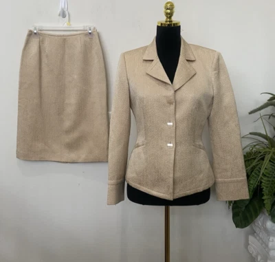 Terno saia Albert Nipon feminino bege mistura de lã 2 peças tamanho 4 em excelente estado usado! MSRP US$ 280 - Imagem 1 de 4