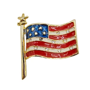 Vintage amerikanische Flagge Brosche Anstecknadel goldfarben rot blau Emaille Strass patriotisch - Bild 1 von 11