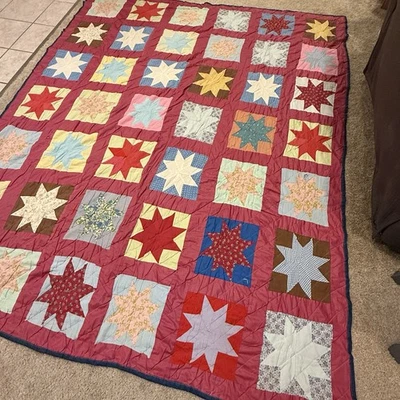 Vintage Handmade Star Quilt Pink Colorful Grannycore Cottagecore Damaged 74x93 - Image 1 of 4
