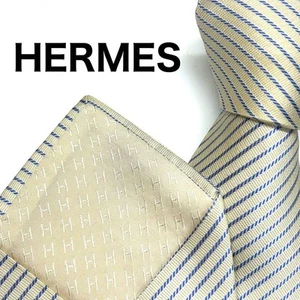 HERMES Necktie Tie Ivory all-over pattern 100% Silk made in France J5566 - Picture 1 of 24