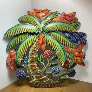 Arte de pared de metal pintado a mano palmeras tropicales aves cocos barra Tiki - Imagen 1 de 15