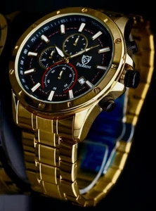 Edle Pierrini Herren Armband Uhr Chronograph Stoppuhr Datum Schwarz Gold Farben - Bild 1 von 5