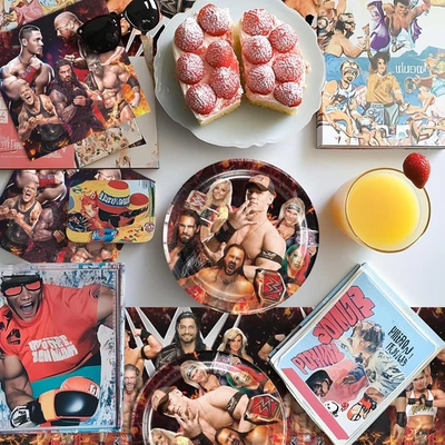 Suministros de cumpleaños de lucha libre 42 piezas decoraciones de lucha libre incluyen servilletas de pancarta Foto 1 de 4