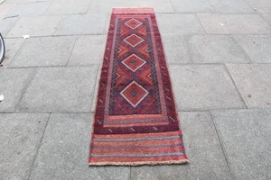 Corredor estrecho vintage hecho a mano afgano Mushvani oriental rojo lana 236x62 cm - Imagen 1 de 13