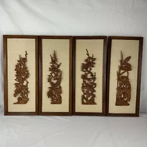 "Juego de 4 paneles en relieve de madera tallados a mano de colección 9x21,5"" decoración de pared 3D arte boho MCM" - Imagen 1 de 16