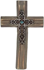 Cruz religiosa de pared de madera marrón y plateada decoración del hogar regalo de Pascua - Imagen 1 de 3