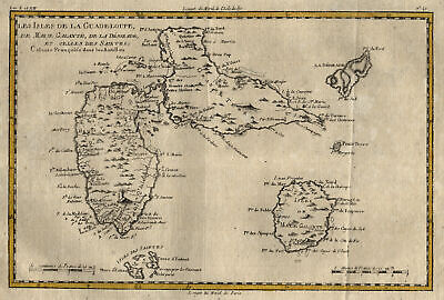 Kleine Antillen Guadeloupe Original Kupferstich Landkarte Bonne 1780 • 75€