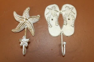 Coastal Beach Decor Towel Hooks Flip Flops Seashells, Cast Iron,Coastal Reef - Picture 1 of 11