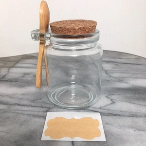 Clear Glass Salt Spice Jar with Cork Lid & Attached Bamboo Scoop Spoon & Label - Picture 1 of 5