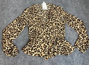 Blusa H&M Mujer 4 Bronceado Negro Leopardo Mangas Largas Corbata Cruzada Volantes NUEVA Carrera - Imagen 1 de 10
