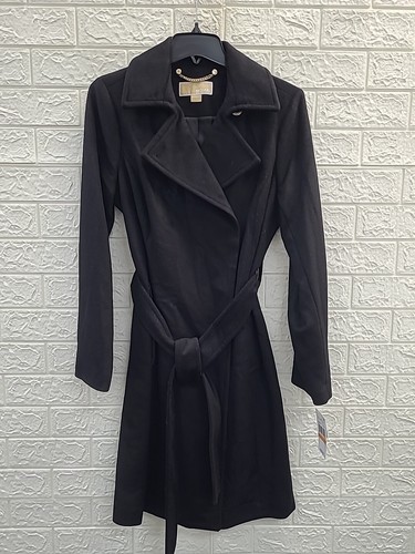 Cappotto nero nuovo Michael Kors cintura collare dentellato taglia small