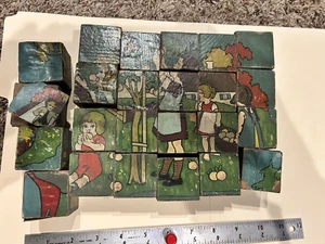 Antique Wooden Block Cube Puzzle Kids Scenery - Picture 1 of 2