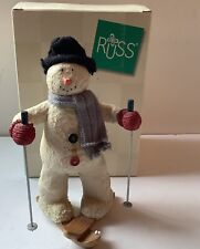 Russ Berrie & Co Sno-Day Memories 8" Snowman Figurine Sno-Time For Skiing w/Box