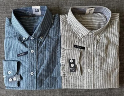 2 - Mens 100% Cotton Striped Button Down Oxford Shirt in Blue and Grey - Image 1 of 4