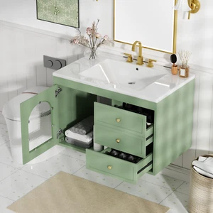 30" Wall Mounted Bathroom Vanity w/Ceramic Sink, Floating Bath Cabinet,2 Drawers - Picture 1 of 14
