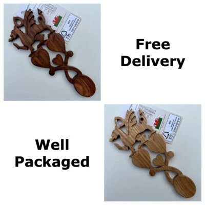 Galés Dragón y Dos Corazones Galés Regalo Cuchara de Amor - Huw Jones Lovespoons - KD3