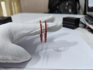925 Silver Yellow Gold Pleated Natural Red Ruby Gemstone Handmade Hoop Earrings - Picture 1 of 7