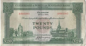 Clydesdale & North of Scotland Bank £20 BANKNOTE P193a 2. MAI 1951 GVF - Bild 1 von 2