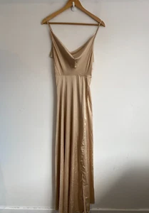 Maxi Dress Women 2XS Gold Sleeveless Cowl Neck Backless Zip Flowy Party Cocktail - Picture 1 of 7