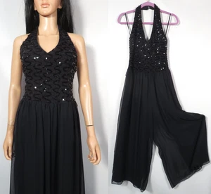 Vintage 70s/80s Black Sequin Disco Wide Leg Halter Jumpsuit Made In USA Size M - Picture 1 of 9
