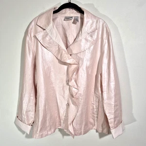 Chico's Linen Jacket Sz 3 XL Pink Ruffle Buttons Cottagecore Feminine Fairycore - Picture 1 of 11
