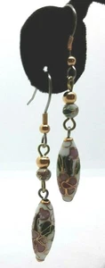 VINTAGE CLOISONNE BEADED WHITE 1 1/2" RICE SHAPE DANGLE EARRINGS NEW - Picture 1 of 2